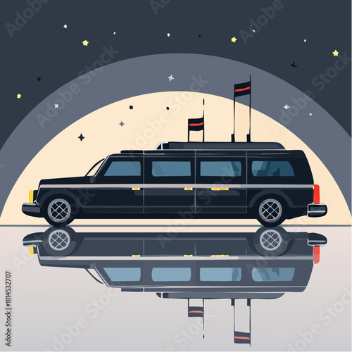 Black limousine with flags reflected
