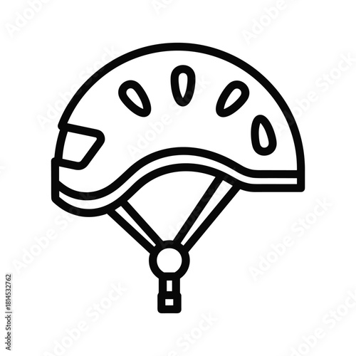 Black and white line art icon representing a climbing or safety helmet with ventilation holes and chin strap, isolated on