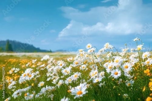Fototapeta Naklejka Na Ścianę i Meble -  Beautiful spring summer meadow with daisies flowers against the background of bright blue sky with white clouds in nature. Natural landscape with a field of chamomiles.