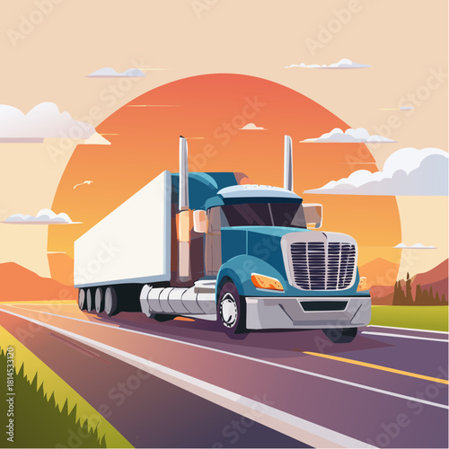 Blue truck on highway at sunset