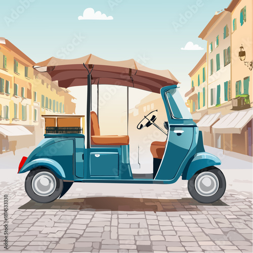 Blue three-wheeled vehicle on cobblestone street