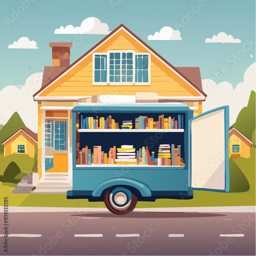 Bookmobile parked in front of a house