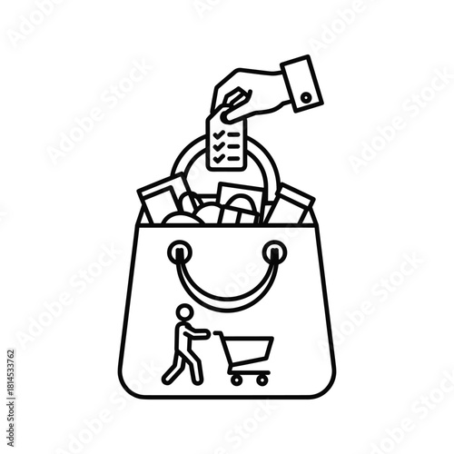 Hand placing a tag into a shopping bag full of groceries isolated on