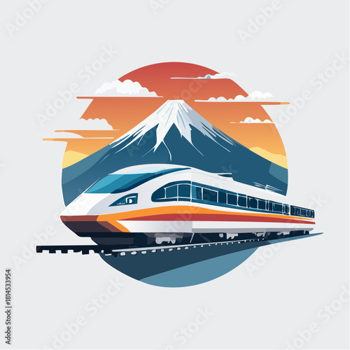 Bullet train speeding past Mount Fuji