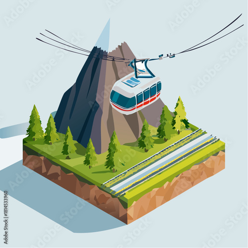 Cable car moving up mountain in forest