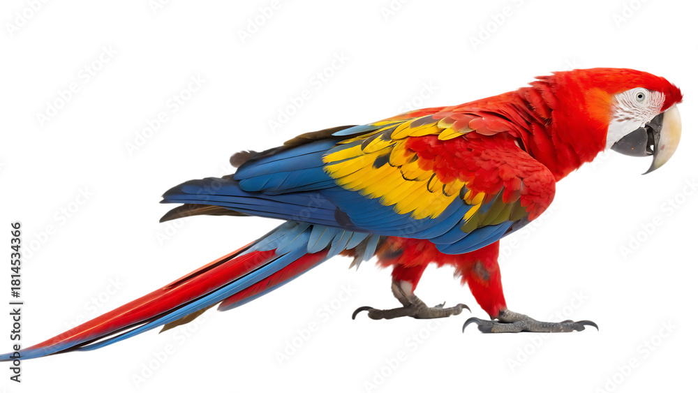 Fototapeta premium A colorful Scarlet Macaw parrot walking and looking cut out on PNG, isolated on white background. AI GENERATED.