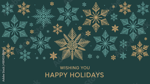 Elegant holiday greeting card with gold and teal snowflakes on dark green background and festive message wishing happy holidays