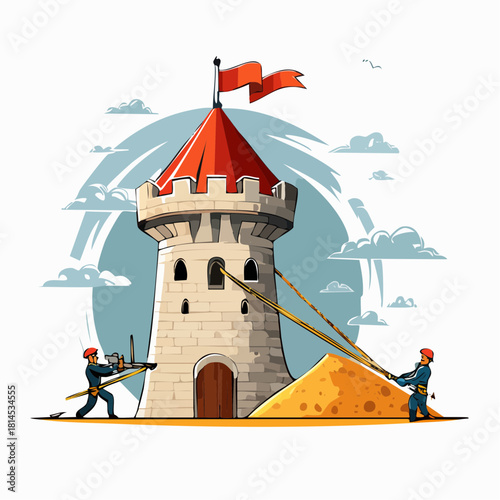 Castle tower construction with workers pulling ropes