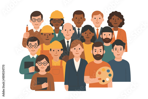 Professions group. People of different professions standing together. Job and occupation vector illustration.