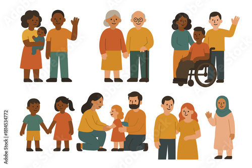 Family set. Different types of family characters standing and interacting. Family diversity vector illustration.