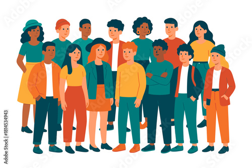 Young people group. Diverse teenagers and students standing together. Youth diversity vector illustration.