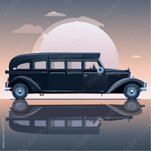 Classic black limousine reflection sunset
