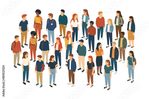 Youth group. Diverse teenagers standing in circle formation. Youth community vector illustration.
