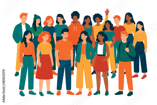 Young people group. Diverse teenagers and students standing together. Youth diversity vector illustration.