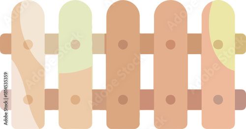 Wooden picket fence vector illustration featuring five vertical posts and two horizontal rails