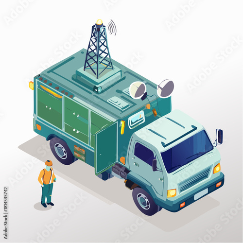 Communication truck with antenna and technician
