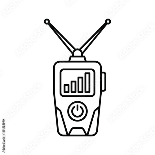 Outline icon of a portable radio transmitter or walkietalkie device with signal strength indicator, isolated on