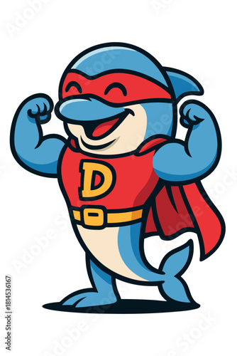 Cheerful superhero dolphin mascot flexing strong arms with bright cape and confident grin, playful marine hero concept expressing strength, courage, optimism, and team spirit