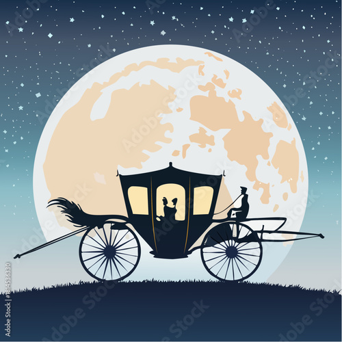 Couple in carriage under large moon