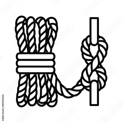 Black and white line art illustration of a coiled rope secured with a binding and tied to a vertical post using a clove hitch knot, isolated on