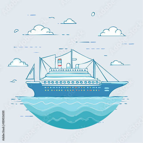 Cruise ship sailing on blue water under cloudy sky