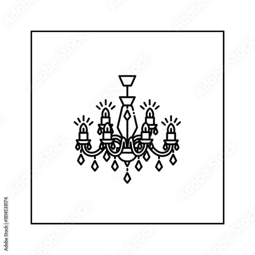 Outline icon of a classic chandelier with lit candles and hanging crystals, symbolizing elegance