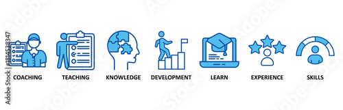 Training icon set In Blue Style, Vector Illustration for education with icon of coaching, teaching, knowledge, development, learning, experience, and skills