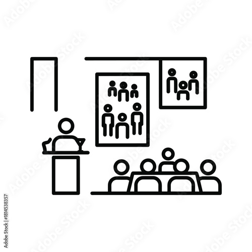 Outline icon depicting a speaker at a podium addressing an audience in a conference room with visual aids