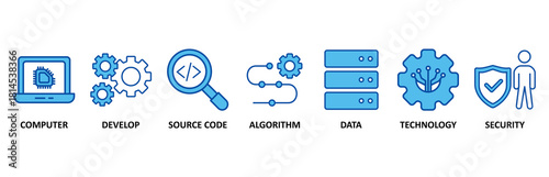 Programming icon set In Blue Style, Vector Illustration for computer, develop, source code, algorithm, data, technology and security