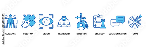 leadership icon set In Blue Style, Vector Illustration for team management with an icon of guidance, solution, vision, teamwork, direction, strategy, communication and goal