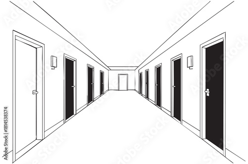 line sketch hotel hall with black doors