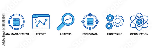 Data analysis icon set In Blue Style, Vector Illustration for data management, report, analysis, focus data, processing, optimization
