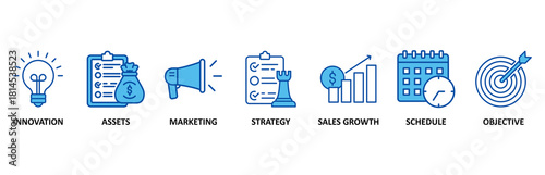 Business plan icon set In Blue Style, Vector Illustration for innovation, assets, marketing, strategy, sales growth, schedule, and objective