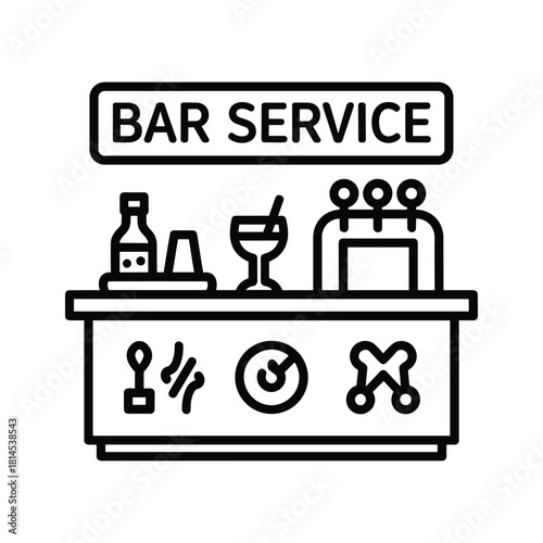 Bar service counter with bottle, cocktail glass, beer taps, and various service icons, isolated on