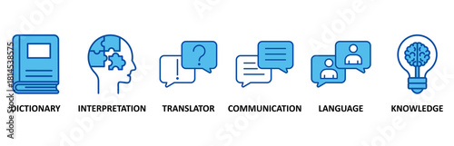 Translation icon set In Blue Style, Vector Illustration for dictionary, interpretation, translator, communication, language, and knowledge