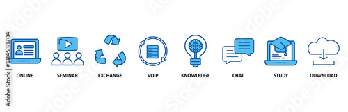 E-learning icon set In Blue Style, Vector Illustration for online, seminar, exchange, voip, knowledge, chat, study and download
