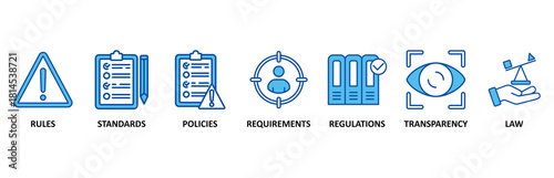 Compliance icon set In Blue Style, Vector Illustration for rules, standards, policies, requirements, regulations, transparency, and law