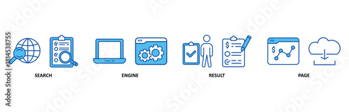 SERP icon set In Blue Style, Vector Illustration for search engine result page with icon of web search, computer, search engine, mobile search, page result, and statistics graph