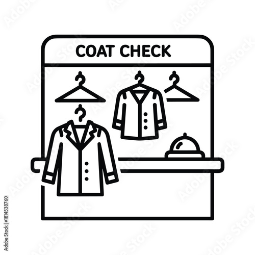 Coat check station with hanging coats and a service bell, representing hospitality and event services