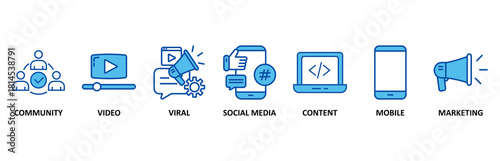 SMM icon set In Blue Style, Vector Illustration for social media marketing with icon of community, video, viral, social media, content, mobile and marketing