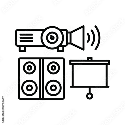 Line icon of audiovisual equipment including a projector, speakers, and a projection screen for presentations