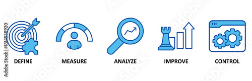 Lean six sigma icon set In Blue Style, Vector Illustration for process improvement with icon of define, measure, analyze, improve, and control