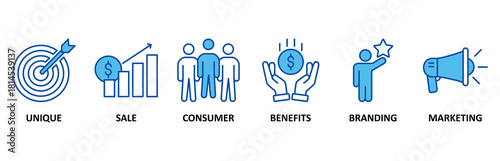 USP icon set In Blue Style, Vector Illustration for unique sale proportion with icon of unique, sale, consumer, benefits, branding, and marketing