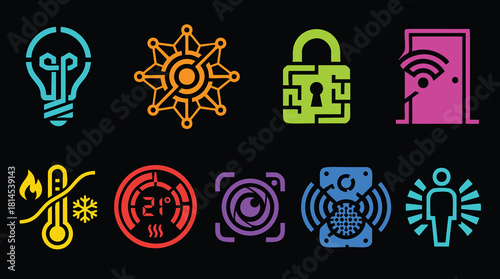 Smart home automation vibrant icons for modern living and security systems, a connected future now