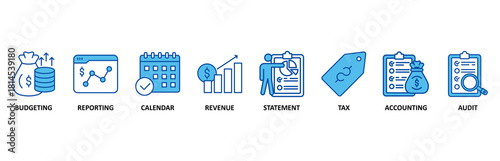 Fiscal year icon set In Blue Style, Vector Illustration for budgeting, reporting, calendar, revenue, statement, tax, accounting, audit