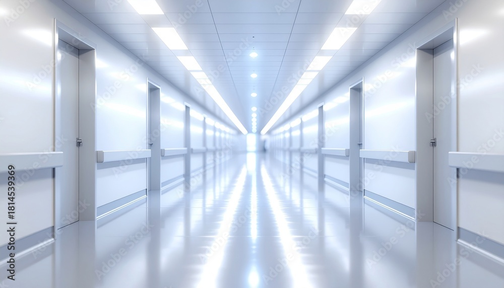 Obraz premium Symmetrical Bright Corridor with Doors and Handrails