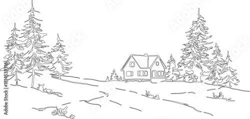 winter landscape with fir trees and line art or silhouette of cottage made by various hand drawn geometric patterns.