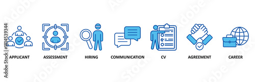 Job interview icon set In Blue Style, Vector Illustration for applicant, assessment, hiring, communication, cv, agreement and career