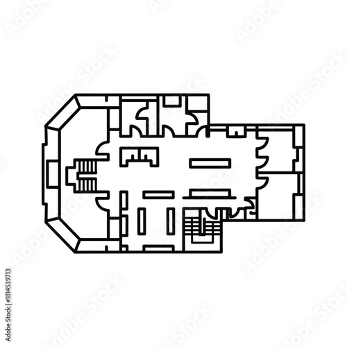 Architectural floor plan outline for a building or house layout, showing rooms, stairs, and design