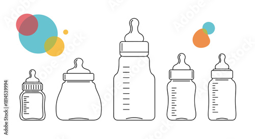 Illustration of five baby bottles of varying sizes and designs on a white background.